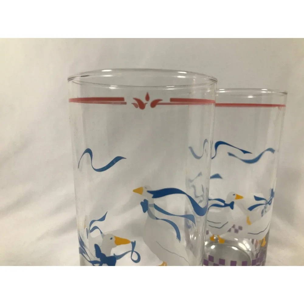 Vintage 80s Country Goose Drinking Glasses White Blue Ribbon Hearts Set of 2
